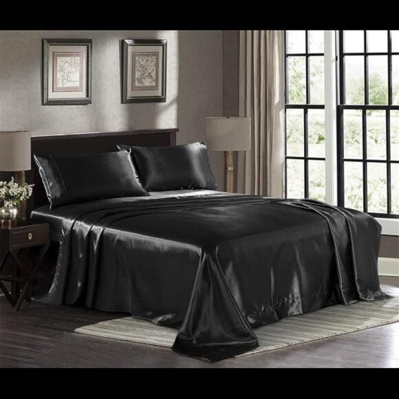 Satin Sheets Queen [4-Piece, Black] Hotel Luxury Silky Bed Sheets - Extra Soft - Picture 1 of 7